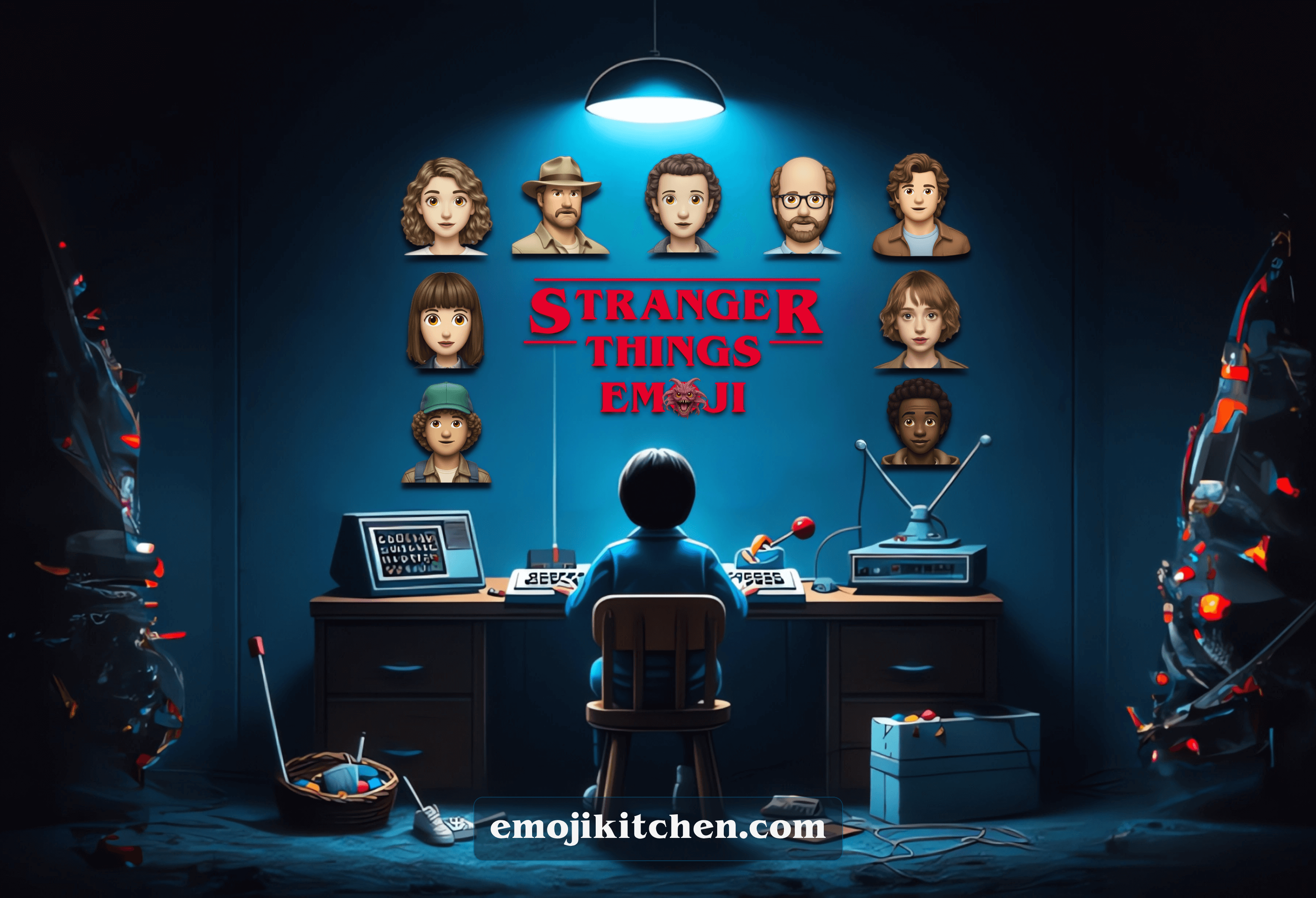 A boy sitting at the table and looking on the Stranger Things Emojis